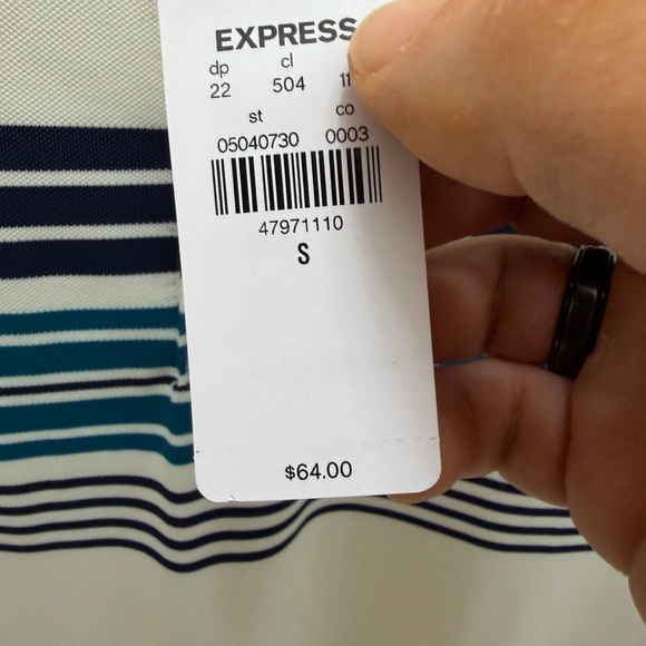 Express Men’s Striped Polo Shirt Cream Blue Short Sleeve NWT Size small - Picture 6 of 12